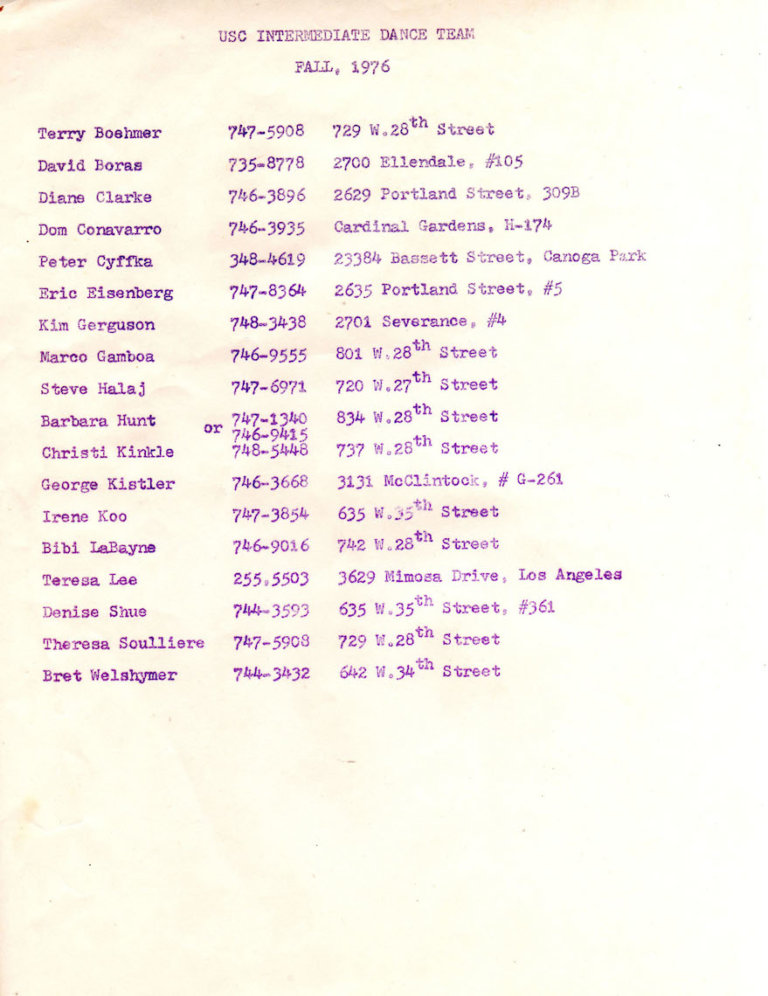 Fall 1976 Roster- Intermediate Team
